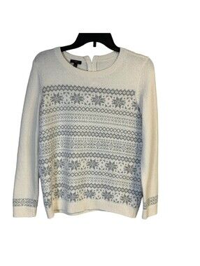 Talbots Sweater Women MP Cream Grey Fair Isle Snowflake Metallic Back Zip Winter